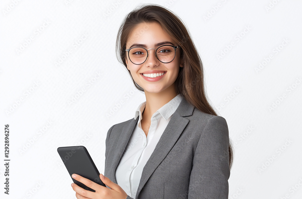 Portrait of a smiling young business woman in a grey suit with glasses, holding a smartphone, isolated on a white transparent background Portrait of a smiling young business woman in a grey suit with glasses, holding a smartphone, isolated on a white transparent background