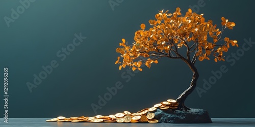Unique tree with coins arranged on a table surface representing wealth and prosperity in a creative artistic display