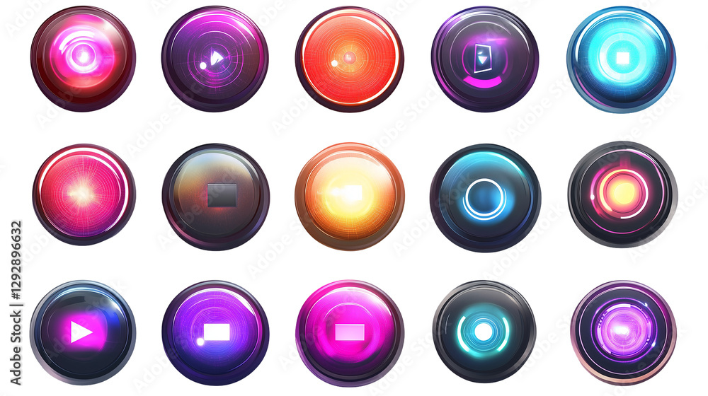 Neon Glowing Media Buttons Digital Interface ui ux web app isolated on transparent background Neon Glowing Media Buttons Digital Interface ui ux web app isolated on transparent background