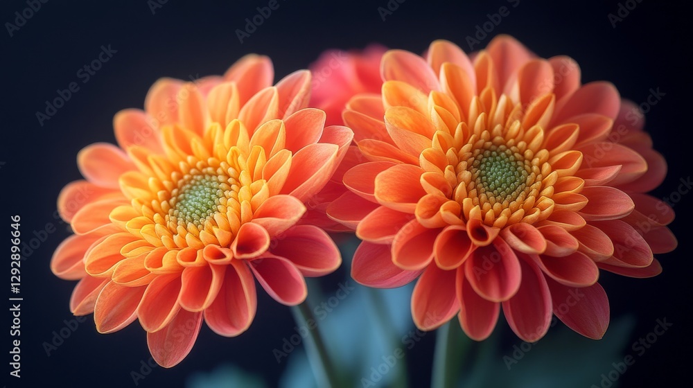 Close-up of two vibrant orange gerbera daisies with green centers against dark background. Nature beauty and floral elegance concept Close-up of two vibrant orange gerbera daisies with green centers against dark background. Nature beauty and floral elegance concept