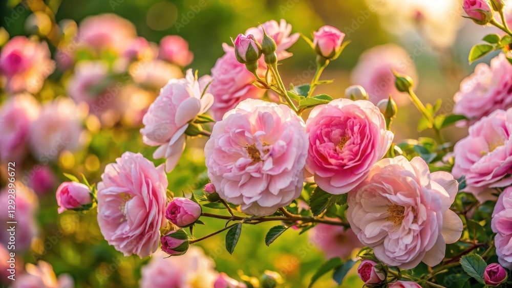 Obraz premium A close-up shot of Rosa damascena shrub plant in full bloom against a soft, warm background with delicate petals in shades of pink and white , valley of roses, bulgaria