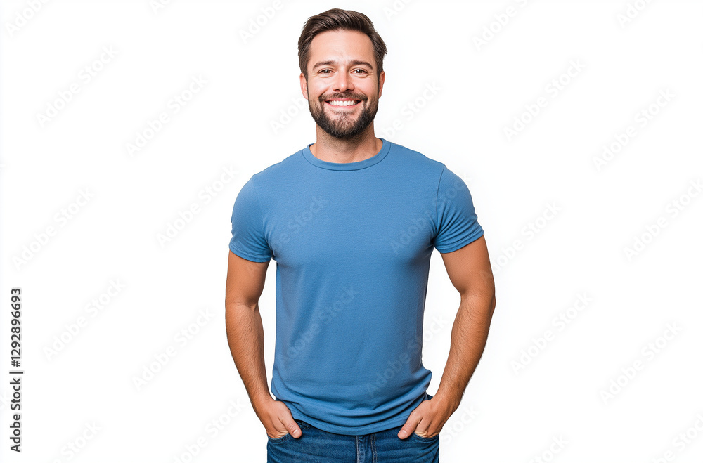 Fototapeta premium A handsome man in a blue t-shirt, smiling in a standing pose with a transparent background