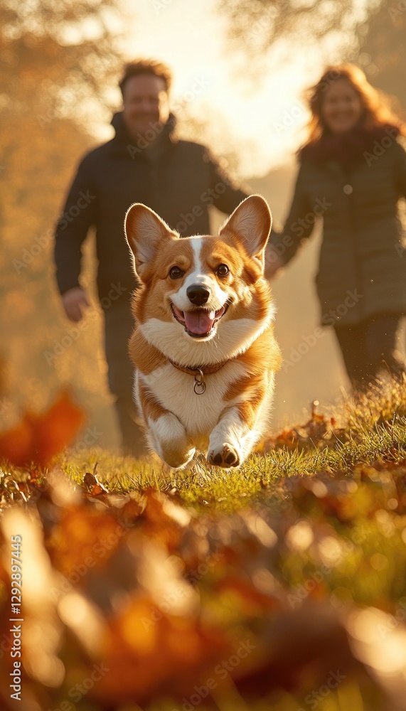 A joyful corgi runs towards the camera while a couple strolls in a sunlit autumn setting. A joyful corgi runs towards the camera while a couple strolls in a sunlit autumn setting.