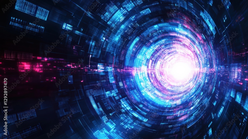 An Abstract Representation of a Futuristic Digital Tunnel: Glowing Lights and Spiraling Patterns in Blue, Purple, and Pink Shades Conveying a Sense of Motion and Technology An Abstract Representation of a Futuristic Digital Tunnel: Glowing Lights and Spiraling Patterns in Blue, Purple, and Pink Shades Conveying a Sense of Motion and Technology