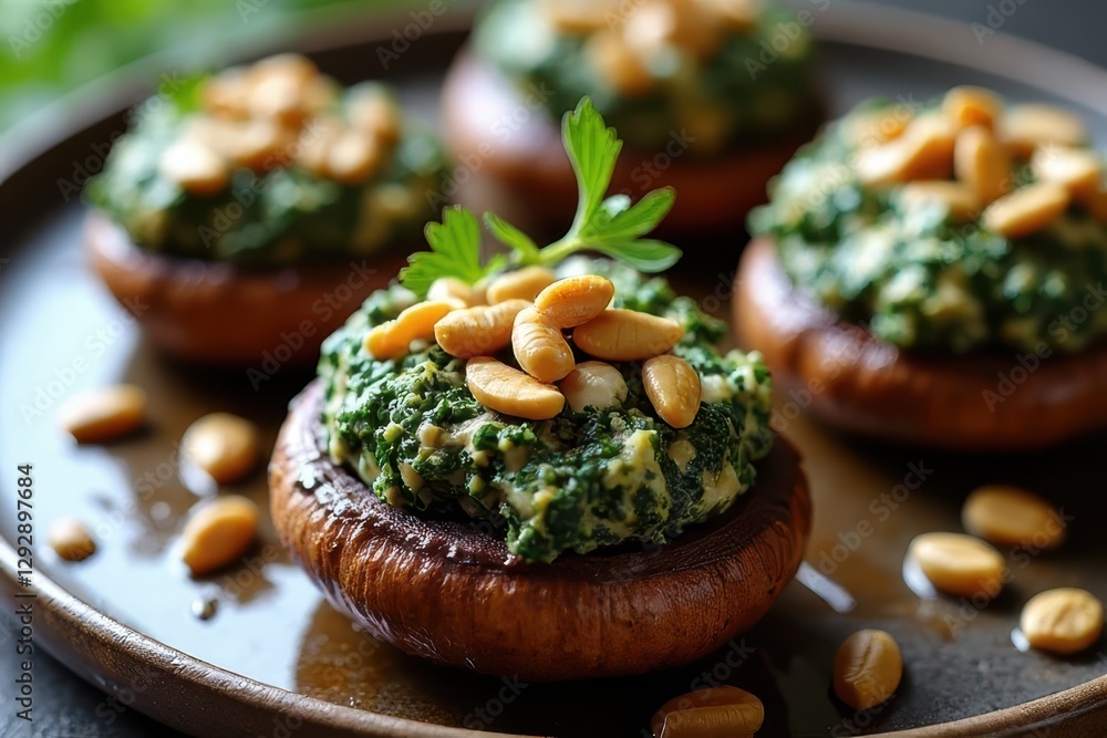 Gourmet Mushroom Appetizer with Spinach Feta, Balsamic Glaze and Pine Nuts Gourmet Mushroom Appetizer with Spinach Feta, Balsamic Glaze and Pine Nuts
