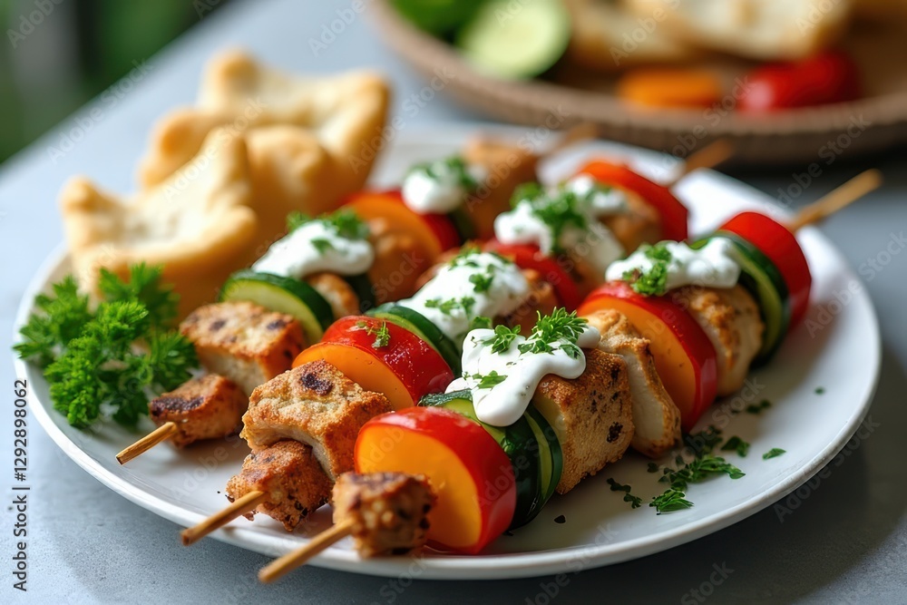 Gourmet Skewer Meal with Tzatziki Sauce and Pita Bread Gourmet Skewer Meal with Tzatziki Sauce and Pita Bread