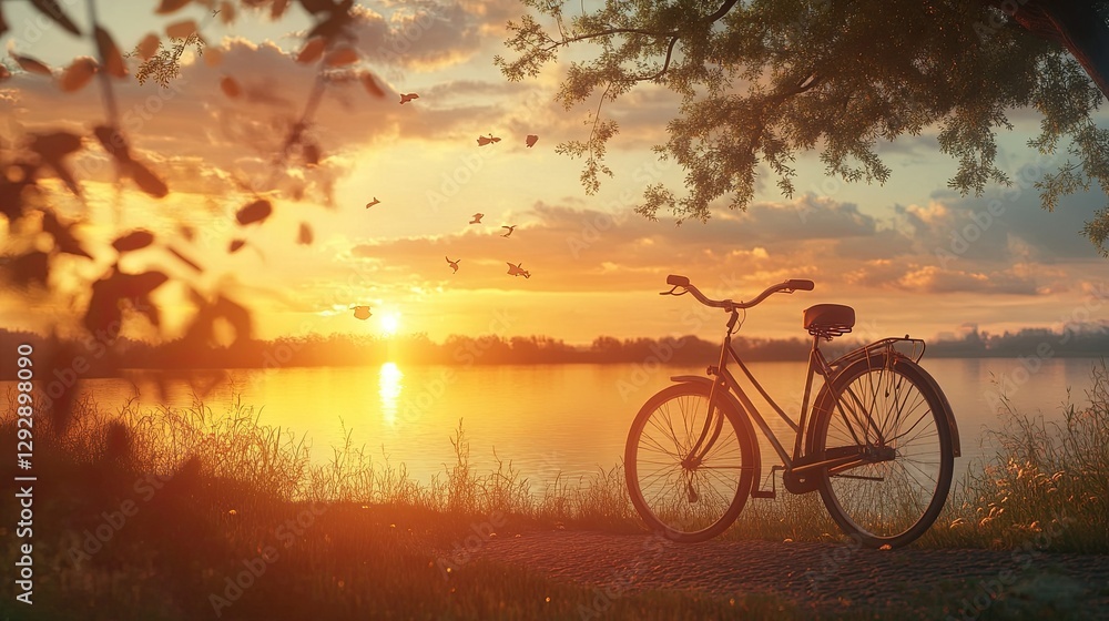 Fototapeta premium Landscape image of vintage bicycle on beautiful sunset
