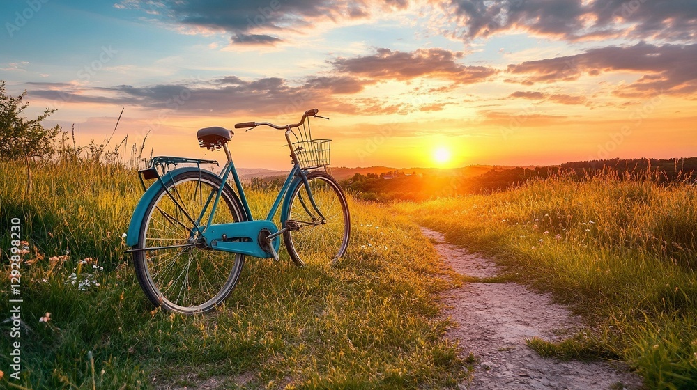 Fototapeta premium Landscape image of vintage bicycle on beautiful sunset