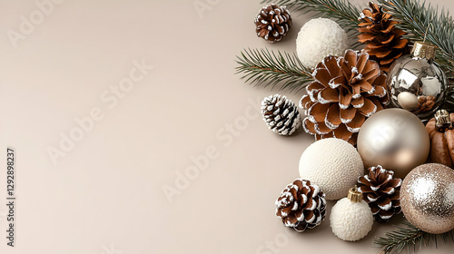 Festive beige background, winter ornaments, pine cones, Christmas decor, holiday greeting