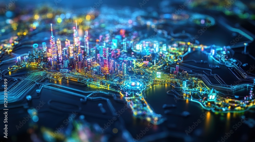 Obraz premium City of the Future: A futuristic, neon-drenched metropolis sprawls across a circuit board, a mesmerizing depiction of the convergence of technology and urban life.