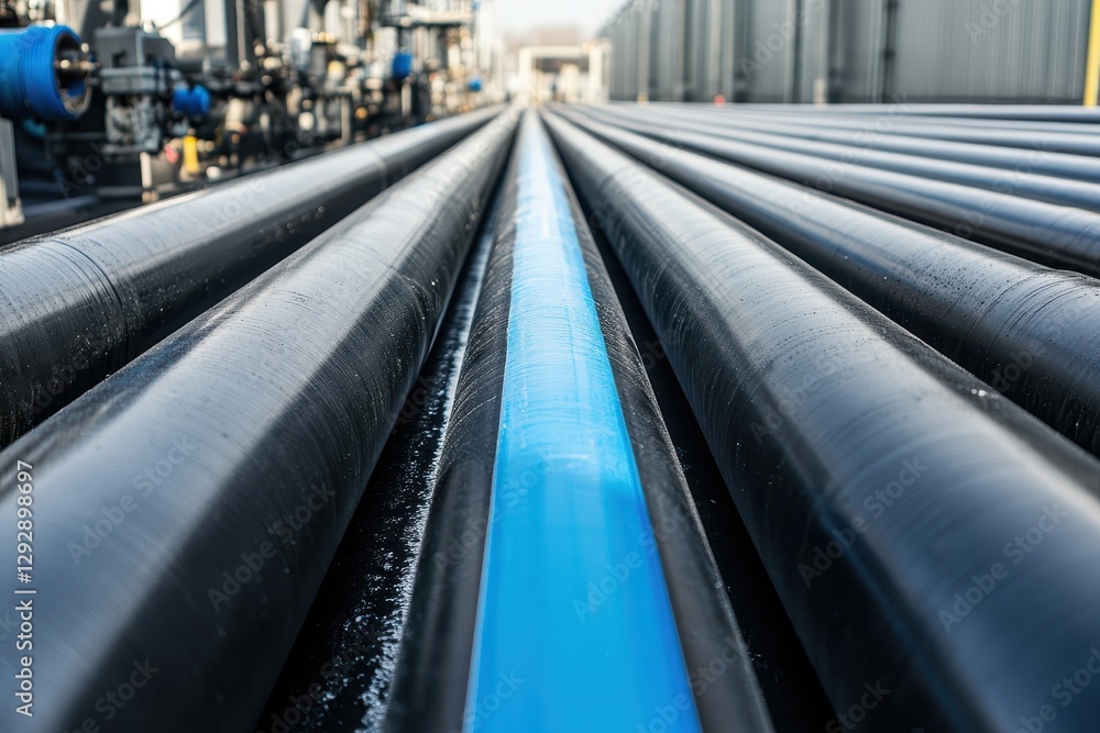 PE pipe manufacturing facility industrial HDPE pipes marked with blue for gas and water PE100 polyethylene piping Polyethylene manufacturing plant PE pipe manufacturing facility industrial HDPE pipes marked with blue for gas and water PE100 polyethylene piping Polyethylene manufacturing plant