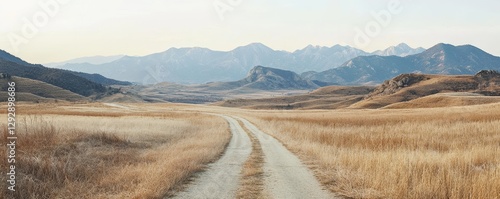 A winding road leading to distant mountains, with brown grass on both sides and a white sky in the background. 