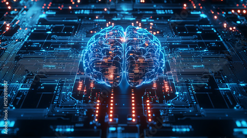 AI-powered robotic brain with glowing blue circuits and holographic neural connections representing artificial intelligence futuristic technology cybernetic innovation and advanced computing systems photo