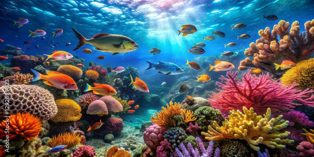 Naklejka premium Vibrant underwater scene showcasing a diverse array of colorful fish swimming amidst a lush coral reef teeming with life.