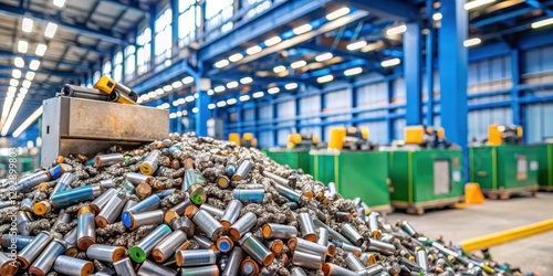 Pile of used lithium batteries being recycled in a recycling facility, with machinery and conveyor belts in the background, industrial waste management, e-waste
