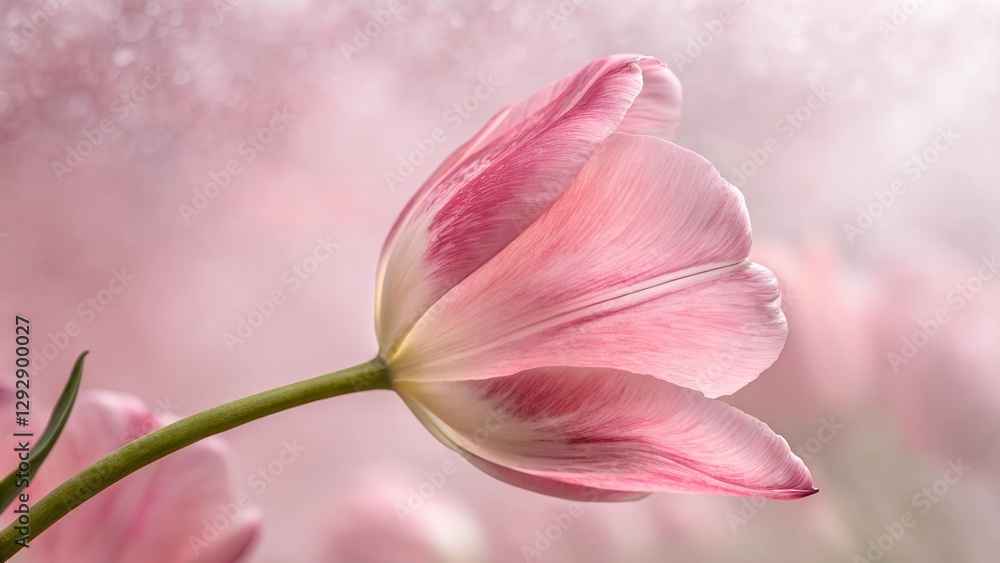 Fototapeta premium Delicate Tulip: A close-up shot of a beautifully rendered single tulip in soft pink hue, the delicate petals unfurling gracefully under diffused light, suggesting beauty and simplicity.