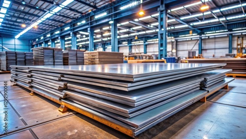 Heavy steel plates stacked on top of each other on a workbench , factory, equipment