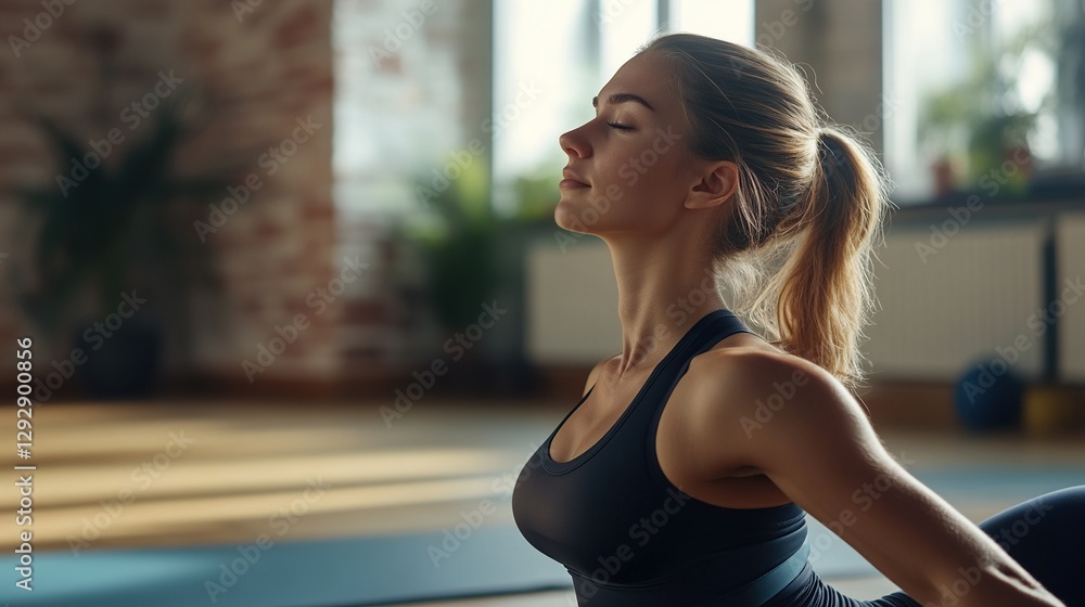 Fototapeta premium oung woman practicing yoga, doing Cobra exercise, Bhujangasana pose in yoga studio