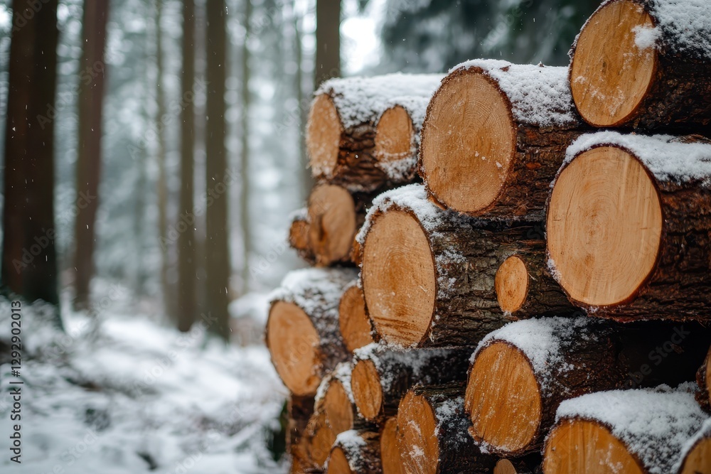 Piled tree logs by a snowy forest related to timber industry and deforestation Piled tree logs by a snowy forest related to timber industry and deforestation