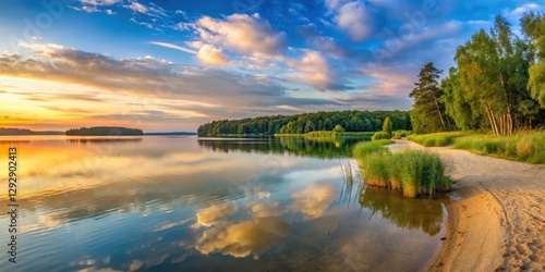Fototapeta Naklejka Na Ścianę i Meble -  Panoramic view of Mazury's lake shore at sunset, Poland, scenery,  Poland, scenery,lake