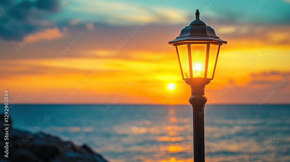 Public classic lights lamp at beach side with landscape view of sunset sky at behinds Public classic lights lamp at beach side with landscape view of sunset sky at behinds