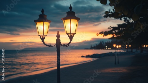 Public classic lights lamp at beach side with landscape view of sunset sky at behinds photo