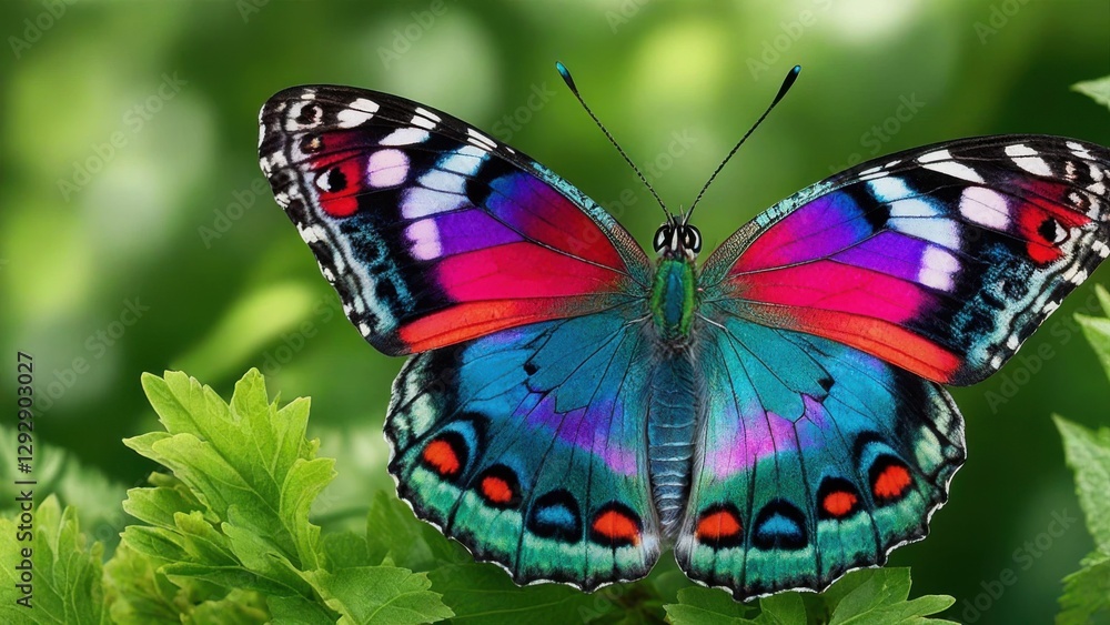 Obraz premium Colorful butterfly displaying vibrant patterns amidst lush greenery in nature's serenity