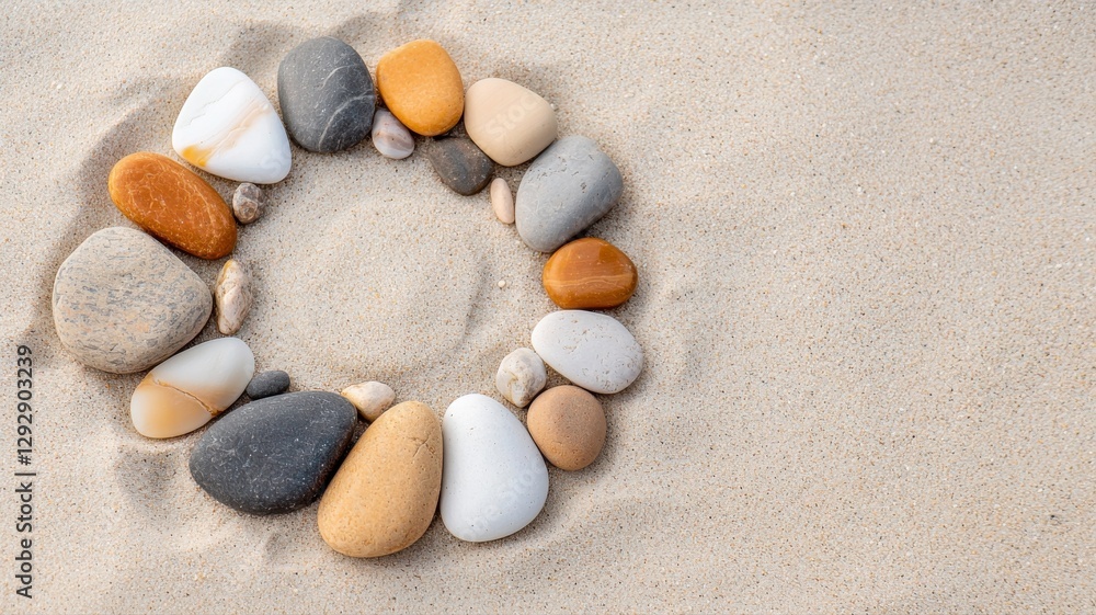 Circle of smooth pebbles arranged on sandy beach, symbolizing balance and unity in nature. Circle of smooth pebbles arranged on sandy beach, symbolizing balance and unity in nature.