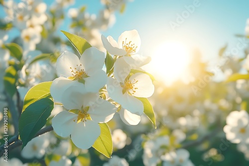 Beautiful white flowers blossoming under the warm bright morning sun