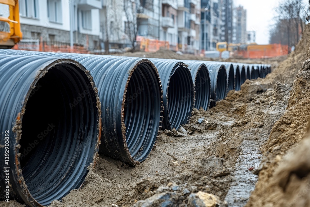 Pipes stick out from the ground incomplete underground piping Pipes stick out from the ground incomplete underground piping
