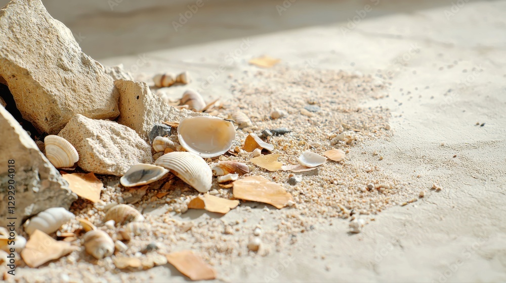 Close-up of scattered seashells and sand on a sunlit floor, evoking beach memories and natural coastal textures. Close-up of scattered seashells and sand on a sunlit floor, evoking beach memories and natural coastal textures.