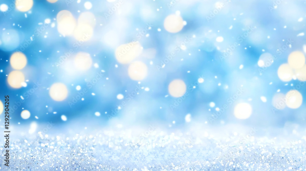 Fototapeta premium A serene winter scene with a softly focused snowy foreground. The background features a gentle bokeh effect, with warm, circular lights in shades of gold contrasting against a cool blue backdrop.