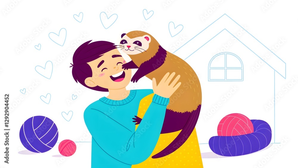 National Ferret Concept. A boy's joyful embrace with his ferret; hearts and yarn balls add to the heartwarming scene. National Ferret Concept. A boy's joyful embrace with his ferret; hearts and yarn balls add to the heartwarming scene.