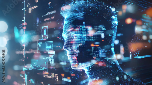 Digital representation of a human head, constructed with glowing blue and orange pixels and lines, resembling a futuristic or technological concept.
