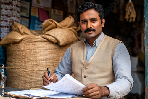 Traditional Indian Trader Sitting at His Desk with a Jute Sack of Rice