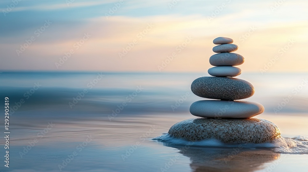 A spiritual scene with stacked stones on a tranquil beach, symbolizing inner peace. A spiritual scene with stacked stones on a tranquil beach, symbolizing inner peace.