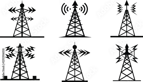 Broadcast Antenna Silhouette Icon Bundle - Linocut Vector Art,Radio telephone tower illustration Icon.