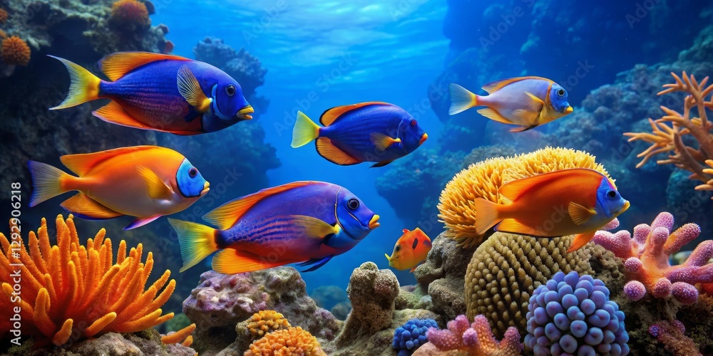 Naklejka premium Vibrant Reef Fish Swimming Amidst Coral and Anemones in a Pristine Underwater Scene