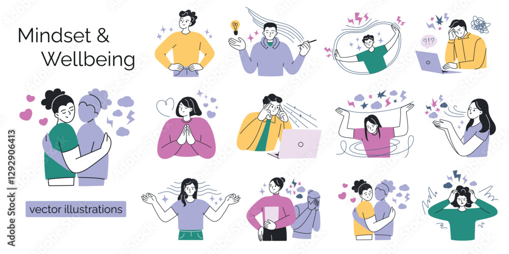 Vector illustrations collection on mindset and wellbeing. Mental health, emotions and psychology, people in stress and burnout, cartoon character set with mindfulness, balance, resilience, inspiration Vector illustrations collection on mindset and wellbeing. Mental health, emotions and psychology, people in stress and burnout, cartoon character set with mindfulness, balance, resilience, inspiration