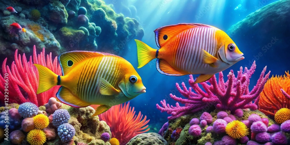 Fototapeta premium Vibrant Reef Inhabitants Gracefully Swimming Amidst Colorful Coral and Lush Aquatic Plants
