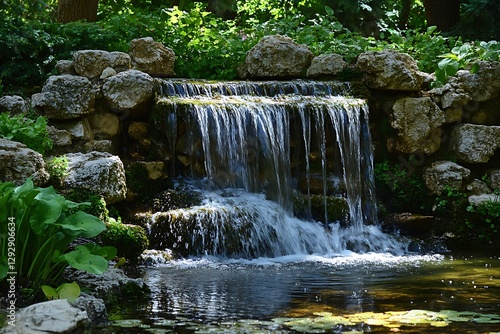 A natural waterfall cascading into a tranquil and calm pond