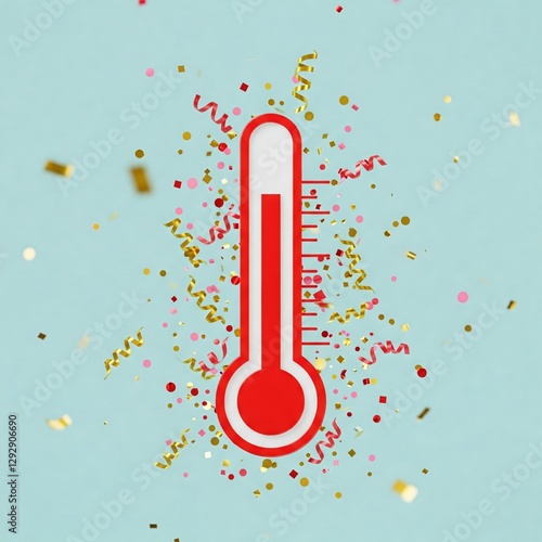 conceptual image of a fundraising thermometer with bold red colors reaching the top, surrounded by confetti on a plain background.