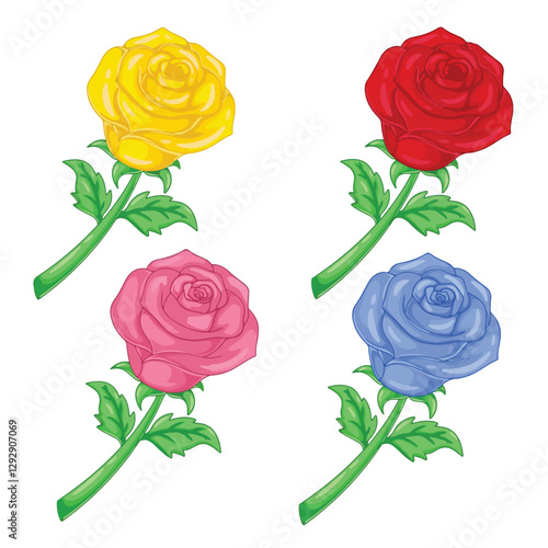 Set of four colorful roses isolated on white background. Vector illustration.