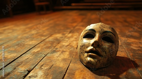 Drama Unveiled: Intriguing Mask on Wooden Theater Stage Set for Performance