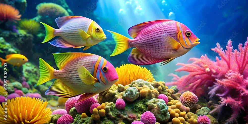 Fototapeta premium Vibrant Reef Fish Swimming Amongst Colorful Coral and Anemones in a Sunlit Underwater Scene