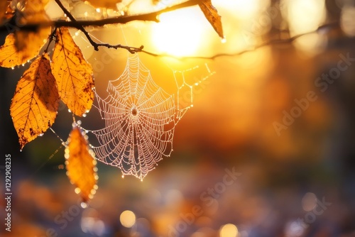 A spider web stretched across two tree branches, illuminated by the golden light of the setting sun