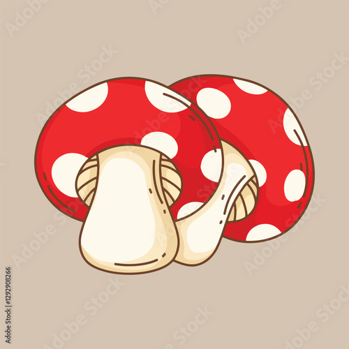 Cartoon mushroom with red polka dots on beige background.