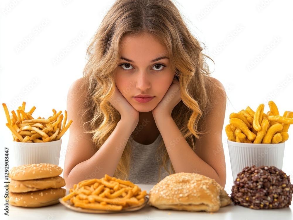 Young woman with unhappy expression looking at unhealthy food; burgers, fries. Young woman with unhappy expression looking at unhealthy food; burgers, fries.