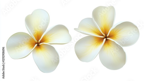 The image shows two Plumeria flowers isolated on a white background. Frangipani Design Element
