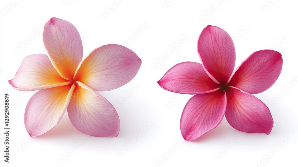 Obraz premium The image shows two Plumeria flowers isolated on a white background. Frangipani Design Element
